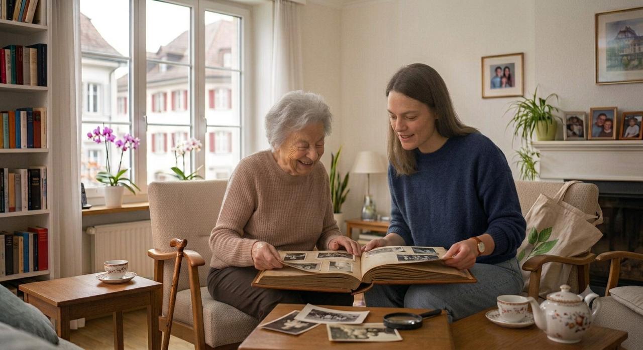 Betreuerin und Seniorin schauen gemeinsam ein Fotoalbum an, im hellen Wohnzimmer zu Hause – Gesellschaft und Alltagshilfe.